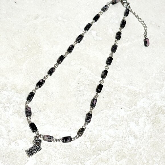 Genuine Gemstone Black Pink Rhodonite w/ Dog Person Pendant Short Necklace - Picture 7 of 15